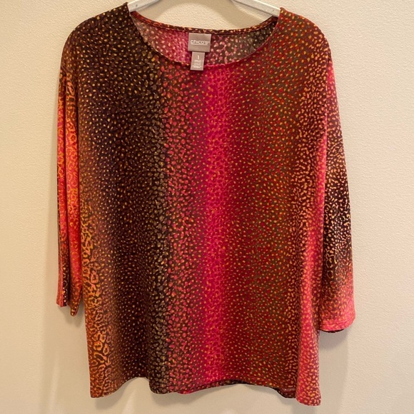 Chico’s CoziSoft Ombré Mix Dolman Knit Tee Animal Red Orange Brown Sz 1 US M - Picture 1 of 8